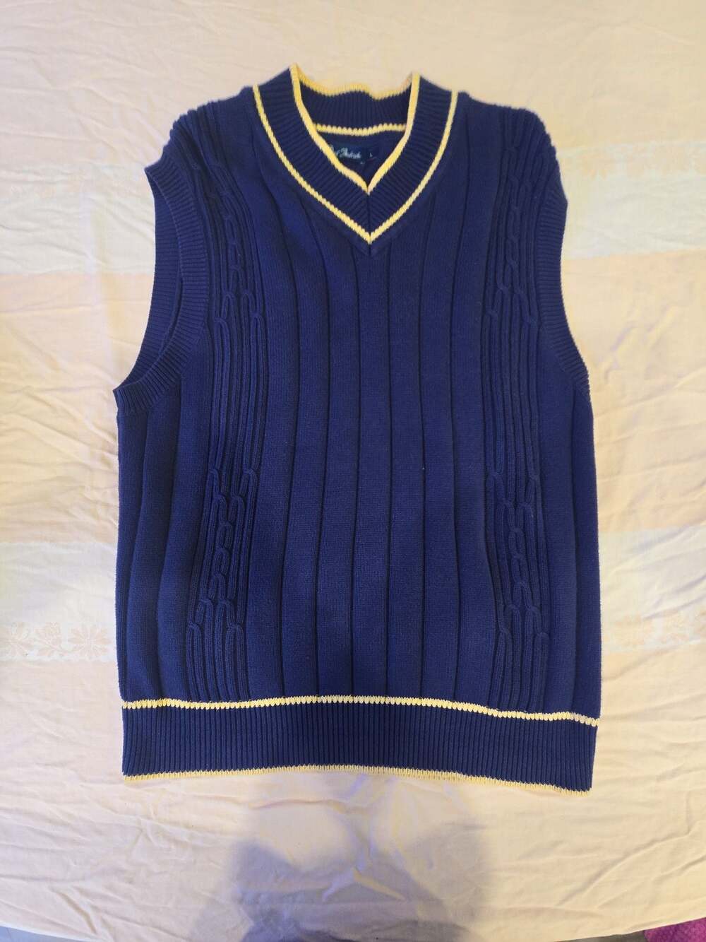 Paul Fredrick Men's Navy Blue Cable Knit Sweater Vest V-Neck Size Large